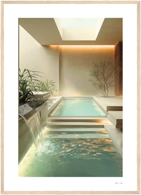 Piscina interior de lujo en estilo minimalista, un spa o baño moderno con cascada y claraboya, diseño de interiores color beige y crema lamina simple marco madera pino natural