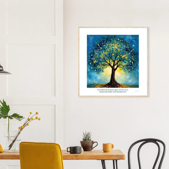 Lámina del Árbol de la Vida con diseño espiritual y raíces ancestrales, tamaño 70x70 cm  en  un comedor  tonos amarillos con marco de madera natural