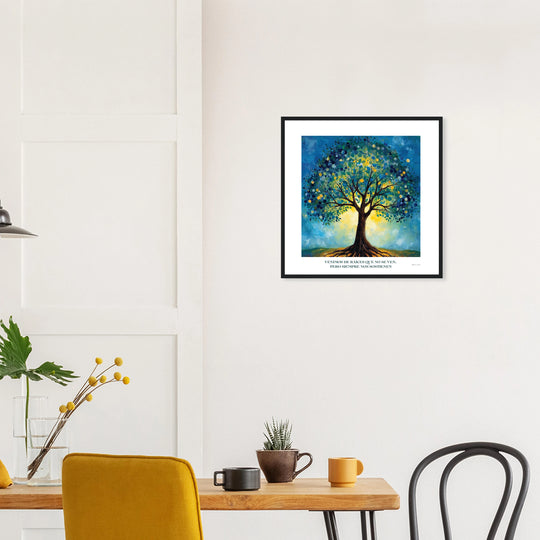 Lámina del Árbol de la Vida con diseño espiritual y raíces ancestrales, tamaño 50x50 cm  en  un comedor  con marco de madera negra