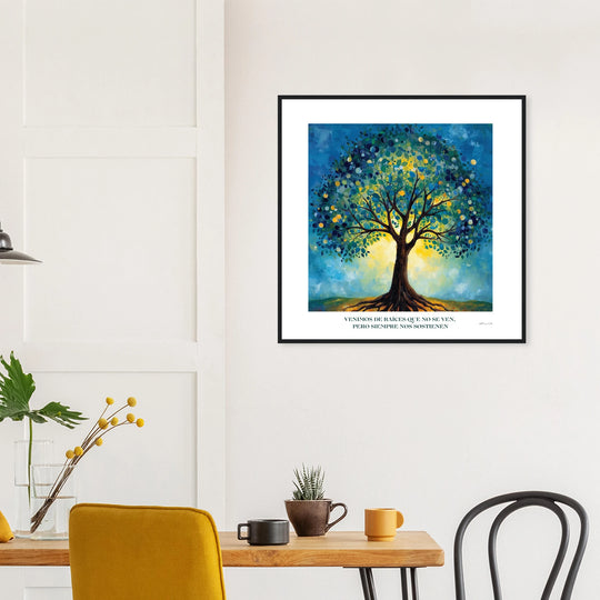 Lámina del Árbol de la Vida con diseño espiritual y raíces ancestrales, tamaño 50x50 cm  en  un comedor  con marco de madera negra