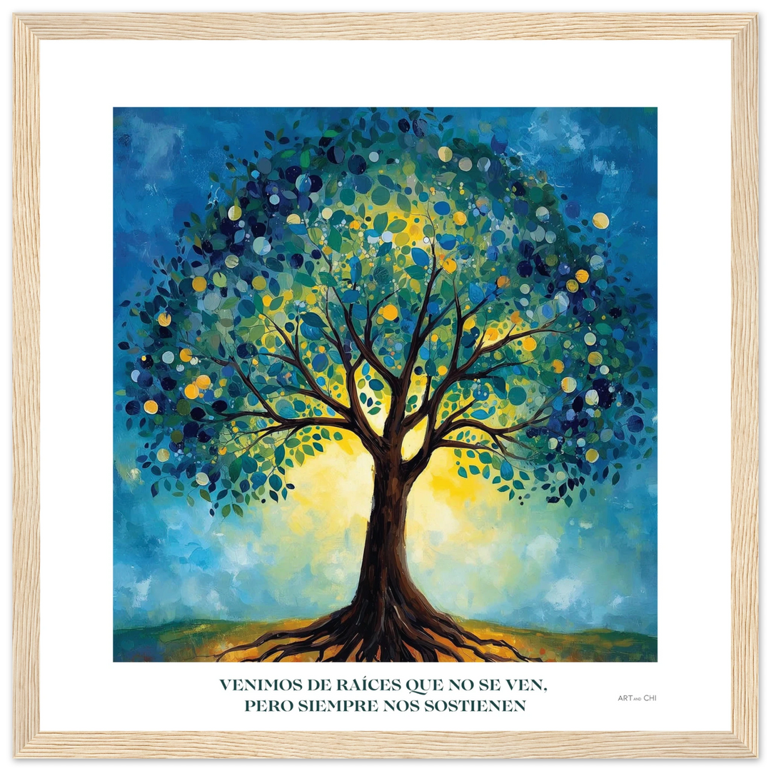 Lámina del Árbol de la Vida con diseño espiritual y raíces ancestrales, tamaño 30x30 para espacios más pequeños con marco de madera natural