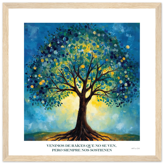 Lámina del Árbol de la Vida con diseño espiritual y raíces ancestrales, tamaño 30x30 para espacios más pequeños con marco de madera natural