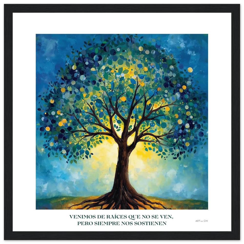 Lámina del Árbol de la Vida con diseño espiritual y raíces ancestrales, tamaño 30x30 para espacios más pequeños con marco de madera negra