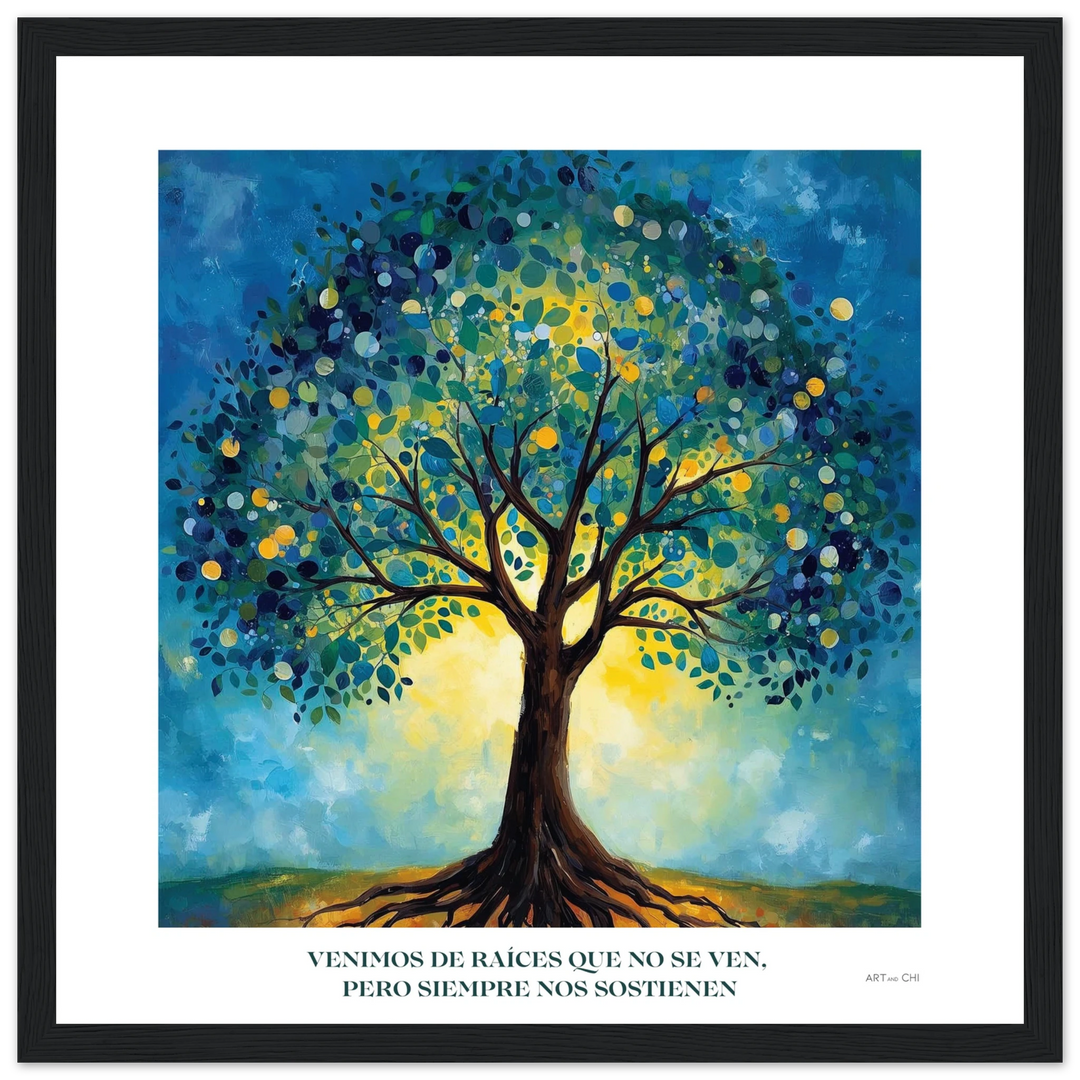 Lámina del Árbol de la Vida con diseño espiritual y raíces ancestrales, tamaño 30x30 para espacios más pequeños con marco de madera negra