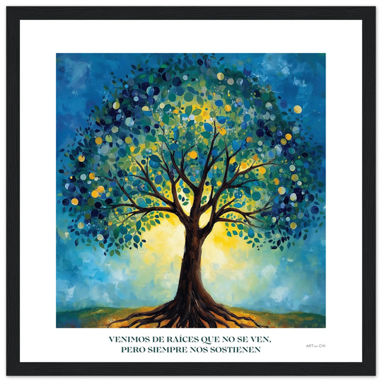 Lámina del Árbol de la Vida con diseño espiritual y raíces ancestrales, tamaño 30x30 para espacios más pequeños con marco de madera negra