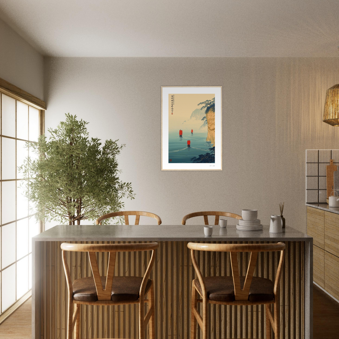 Lámina Travesía de Especias, arte oriental con barcos de velas rojas navegando en mar azul, Feng Shui elemento Agua, prosperidad y movimiento  Art and Chi marco madera natural  tamaño 50x70