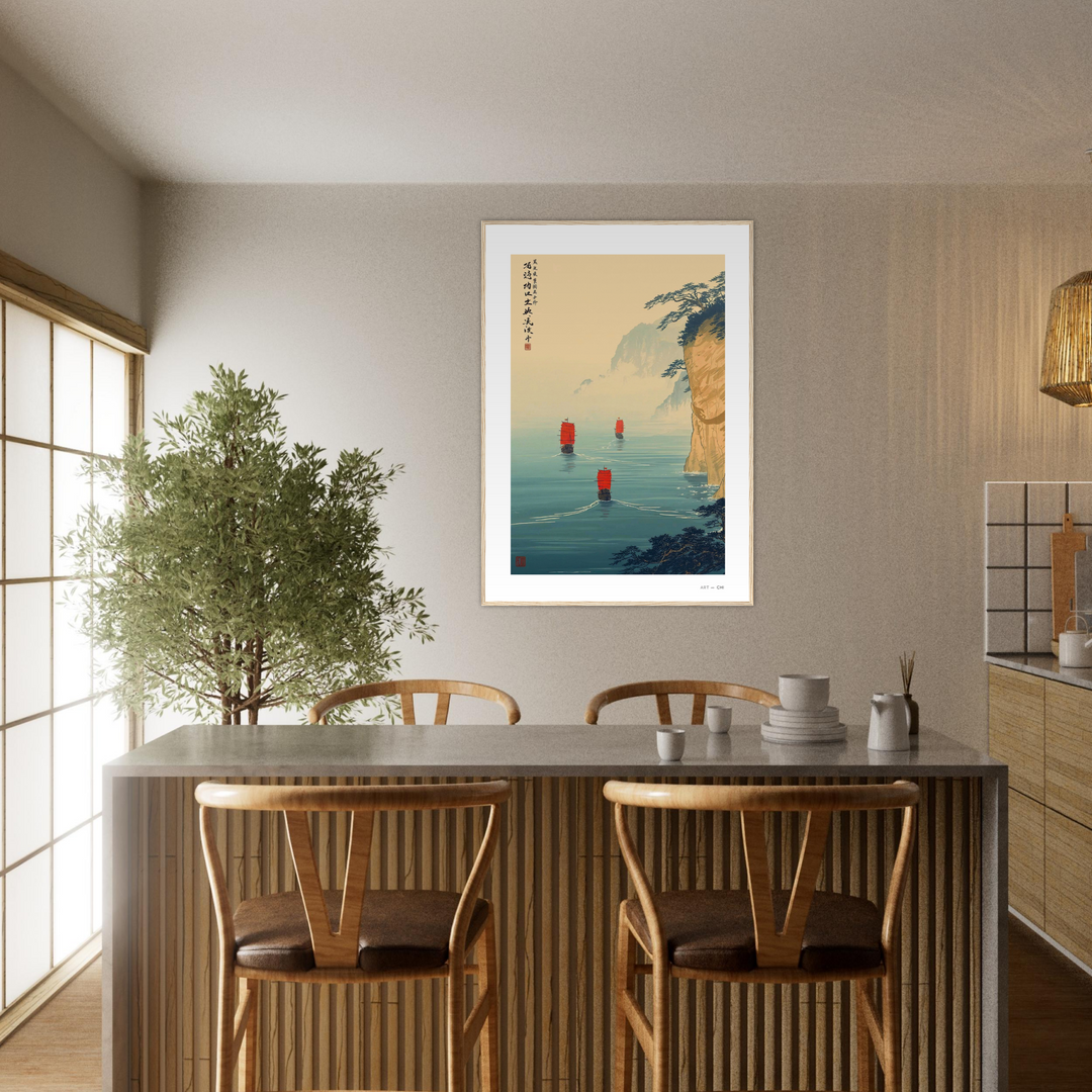 Lámina Travesía de Especias, arte oriental con barcos de velas rojas navegando en mar azul, Feng Shui elemento Agua, prosperidad y movimiento  Art and Chi marco madera natural tamaño 70x100