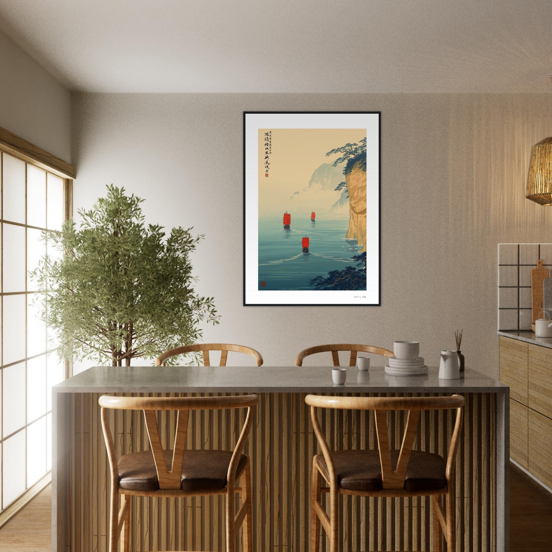 Lámina Travesía de Especias, arte oriental con barcos de velas rojas navegando en mar azul, Feng Shui elemento Agua, prosperidad y movimiento  Art and Chi marco madera negra tamaño 70x100