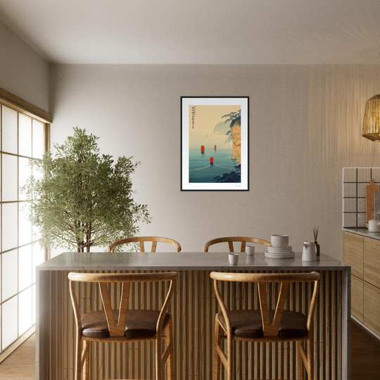 Lámina Travesía de Especias, arte oriental con barcos de velas rojas navegando en mar azul, Feng Shui elemento Agua, prosperidad y movimiento  Art and Chi marco madera  negro tamaño 50x70
