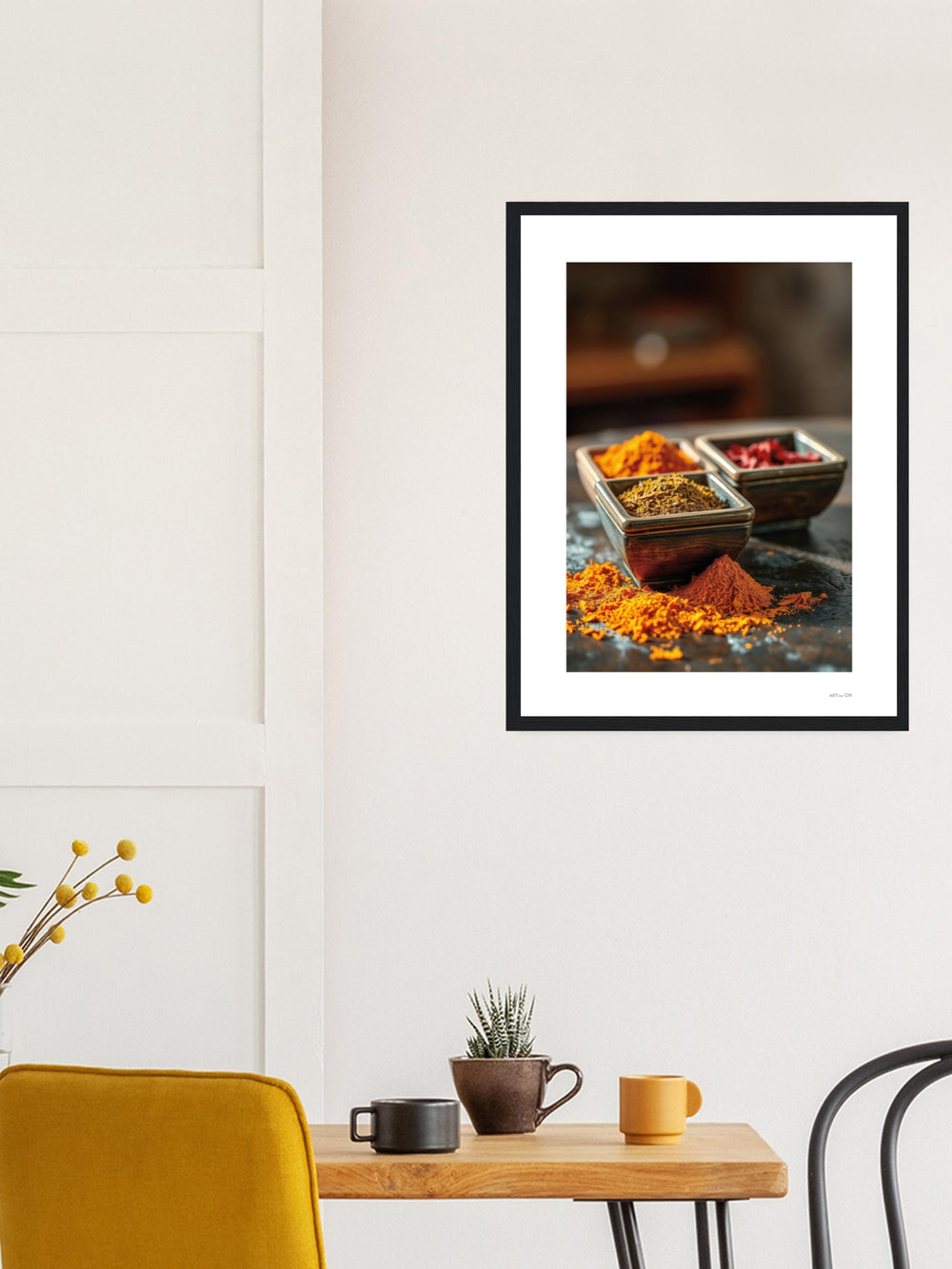 Arte de pared con especias y cerámica; paleta tierra, sensación acogedora. Lamina feng shui 