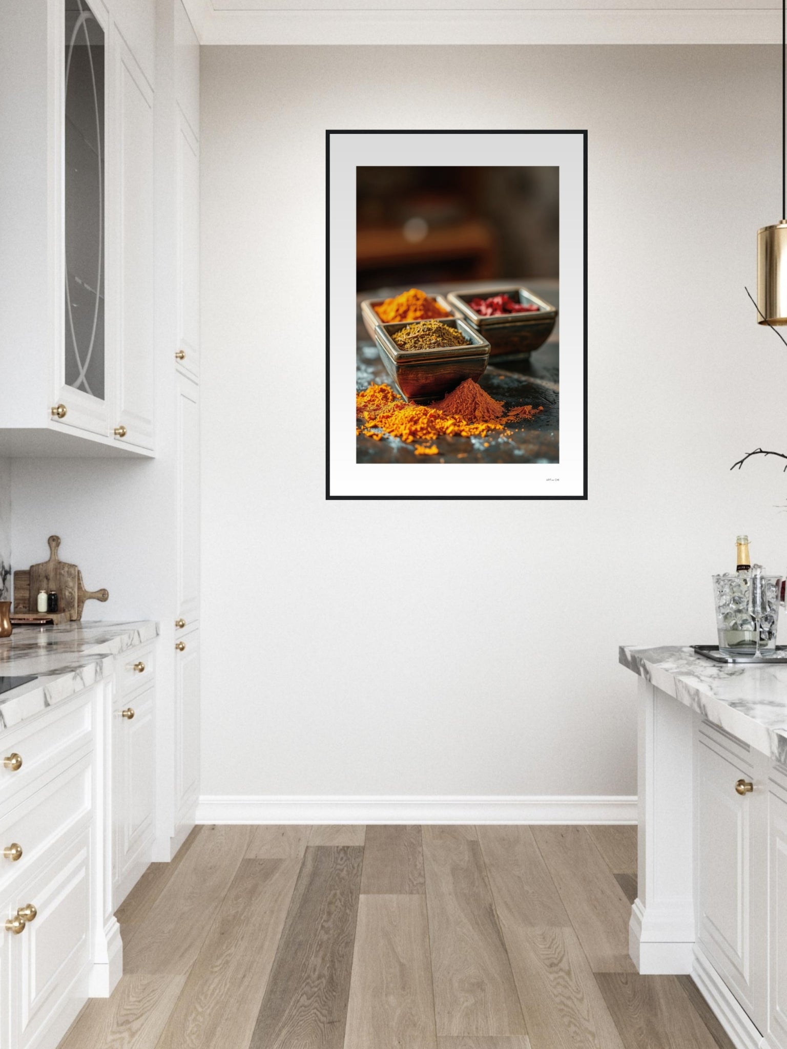 Arte de pared con especias y cerámica; paleta tierra, sensación acogedora. Lamina feng shui 