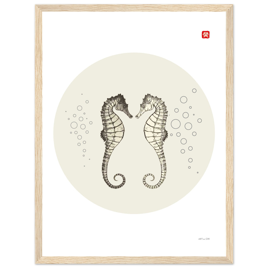 Poster minimal de caballitos de mar para parejas y dormitorio; arte Japandi y Feng Shui, enmarcado