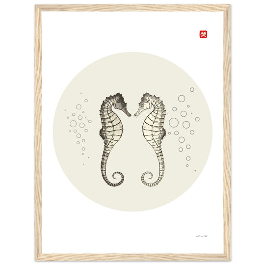 Poster minimal de caballitos de mar para parejas y dormitorio; arte Japandi y Feng Shui, enmarcado