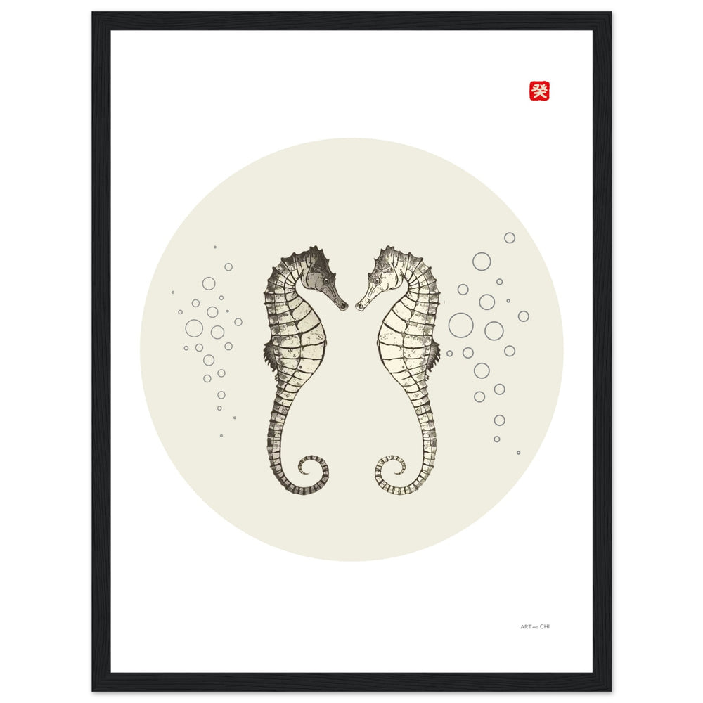 Poster minimal de caballitos de mar para parejas y dormitorio; arte Japandi y Feng Shui, enmarcado