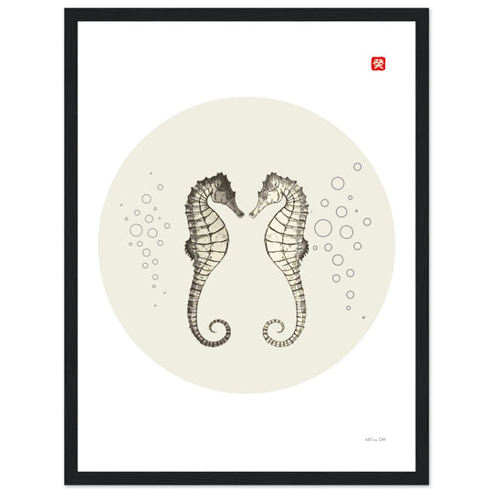 Poster minimal de caballitos de mar para parejas y dormitorio; arte Japandi y Feng Shui, enmarcado