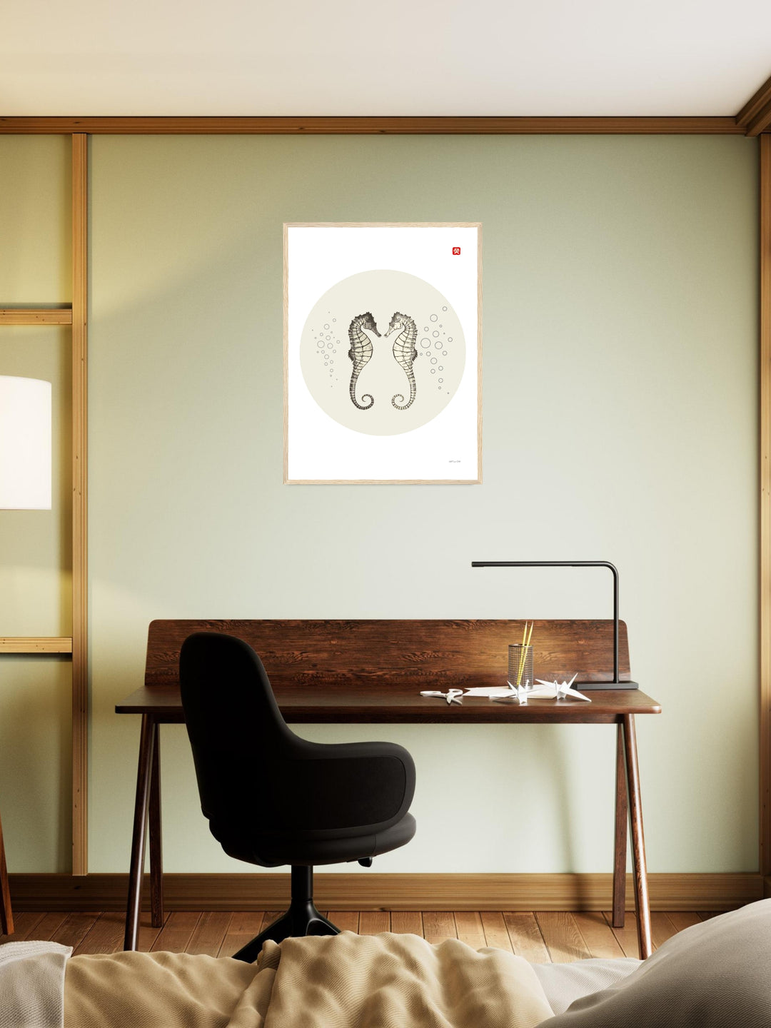 Poster minimal de caballitos de mar para parejas y dormitorio; arte Japandi y Feng Shui, enmarcado