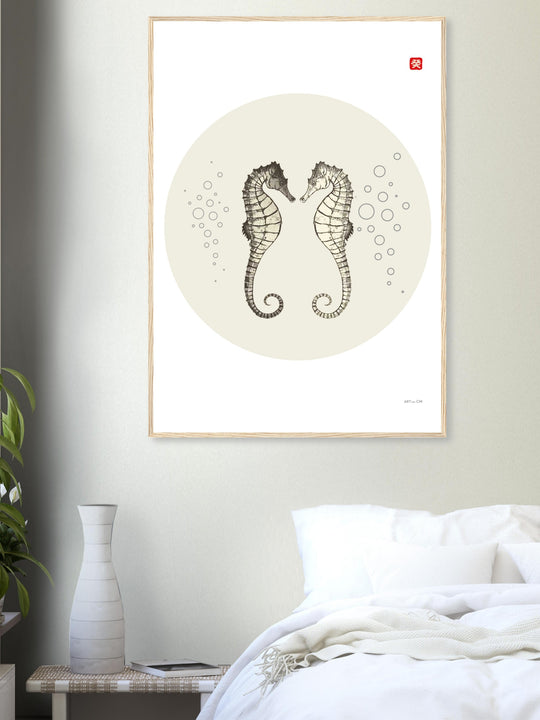 Poster minimal de caballitos de mar para parejas y dormitorio; arte Japandi y Feng Shui, enmarcado