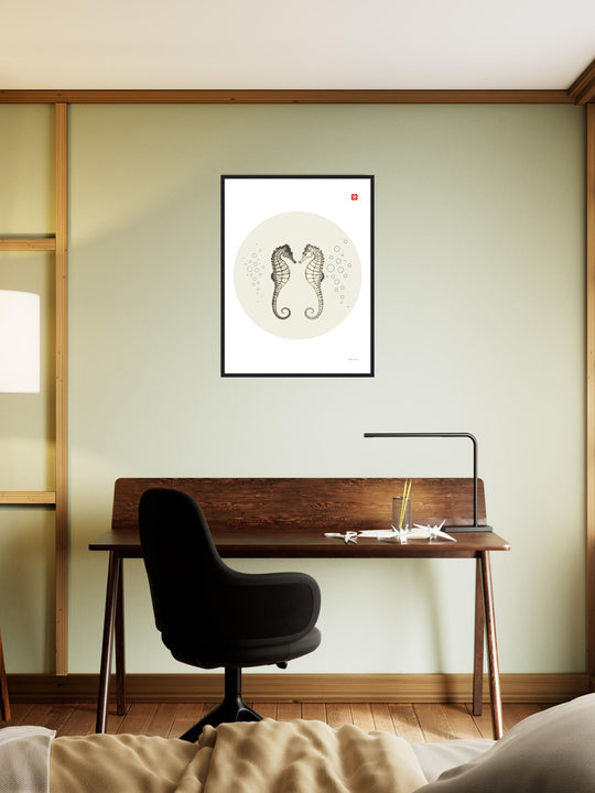 Poster minimal de caballitos de mar para parejas y dormitorio; arte Japandi y Feng Shui, enmarcado