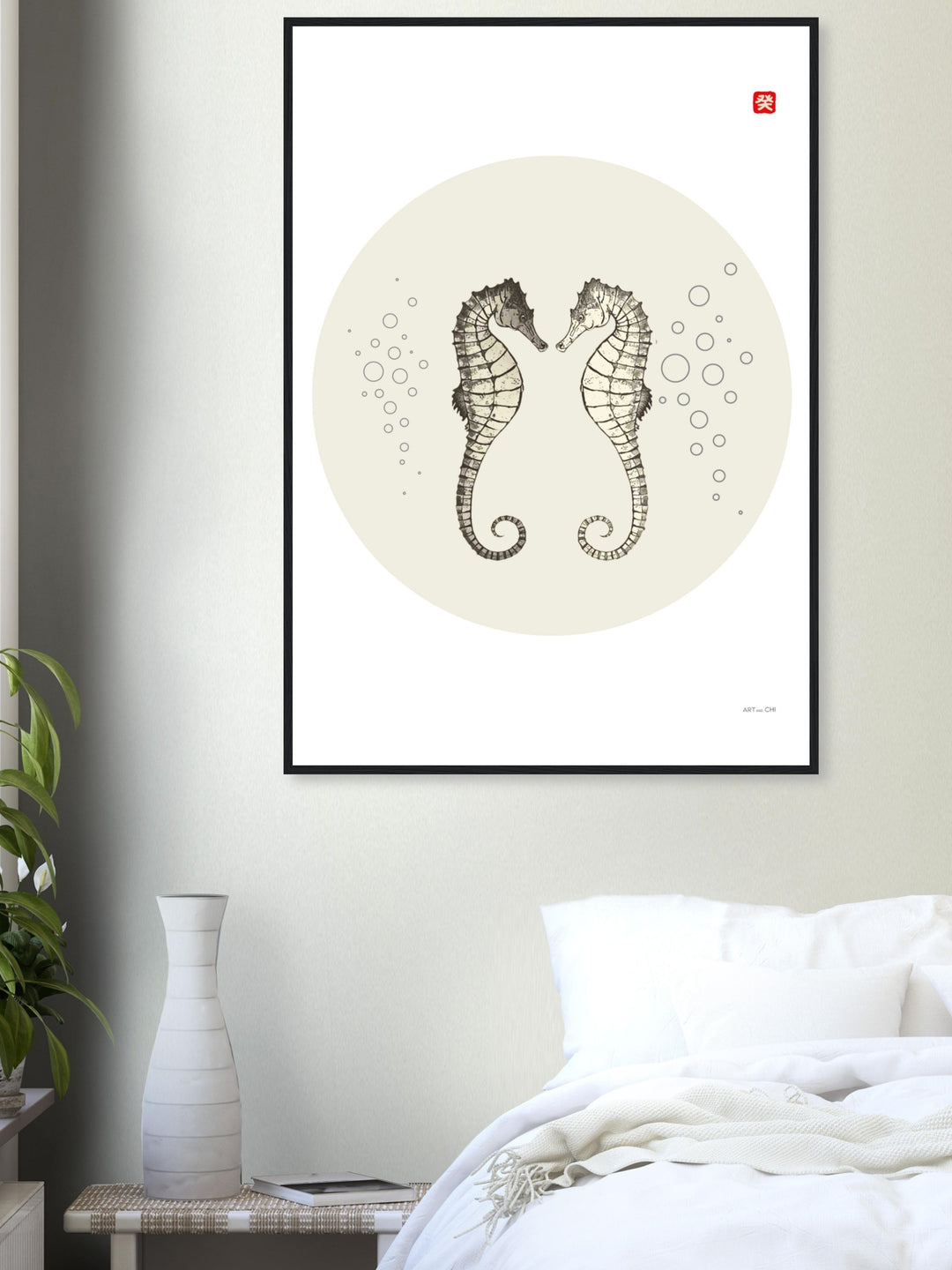 Poster minimal de caballitos de mar para parejas y dormitorio; arte Japandi y Feng Shui, enmarcado