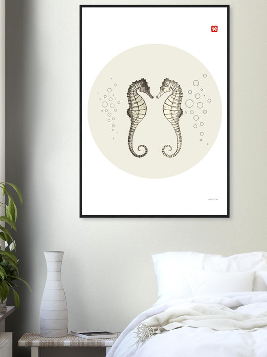 Poster minimal de caballitos de mar para parejas y dormitorio; arte Japandi y Feng Shui, enmarcado