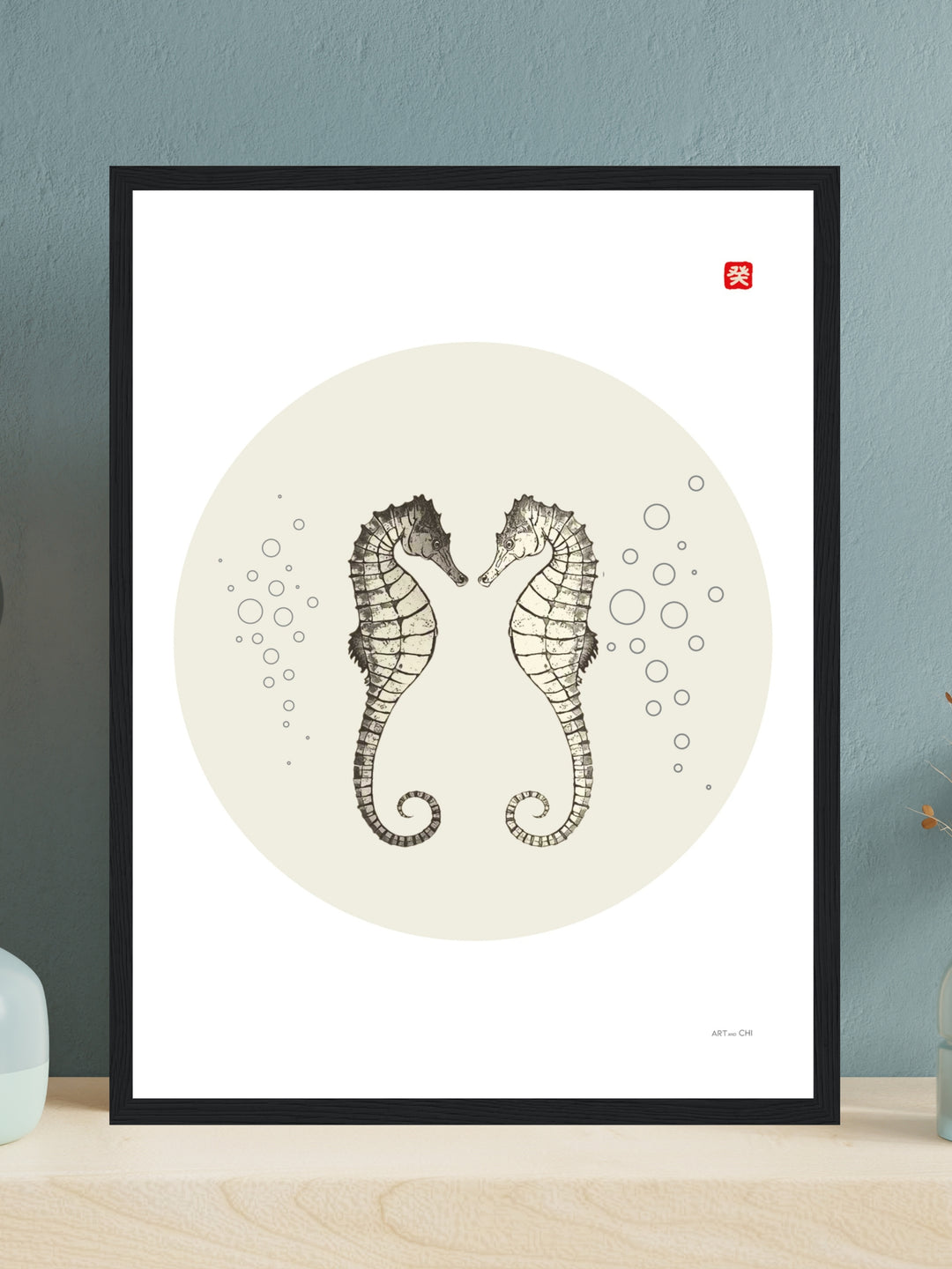 Poster minimal de caballitos de mar para parejas y dormitorio; arte Japandi y Feng Shui, enmarcado