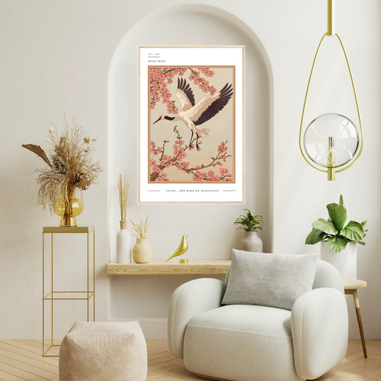 Póster decorativo de grulla japonesa Royal Crane – Tsuru, the Bird of Happiness”, lámina estilo Art Nouveau con flores de cerezo, arte japonés minimalista y simbología Feng Shui de longevidad, felicidad y armonía.