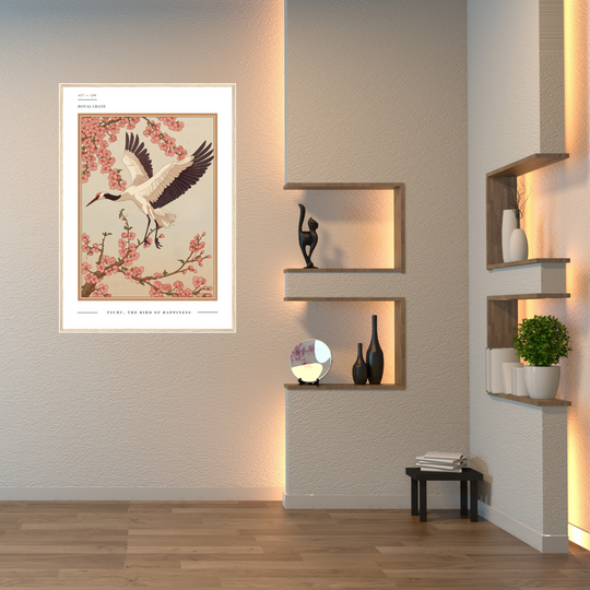 Póster decorativo de grulla japonesa Royal Crane – Tsuru, the Bird of Happiness”, lámina estilo Art Nouveau con flores de cerezo, arte japonés minimalista y simbología Feng Shui de longevidad, felicidad y armonía.