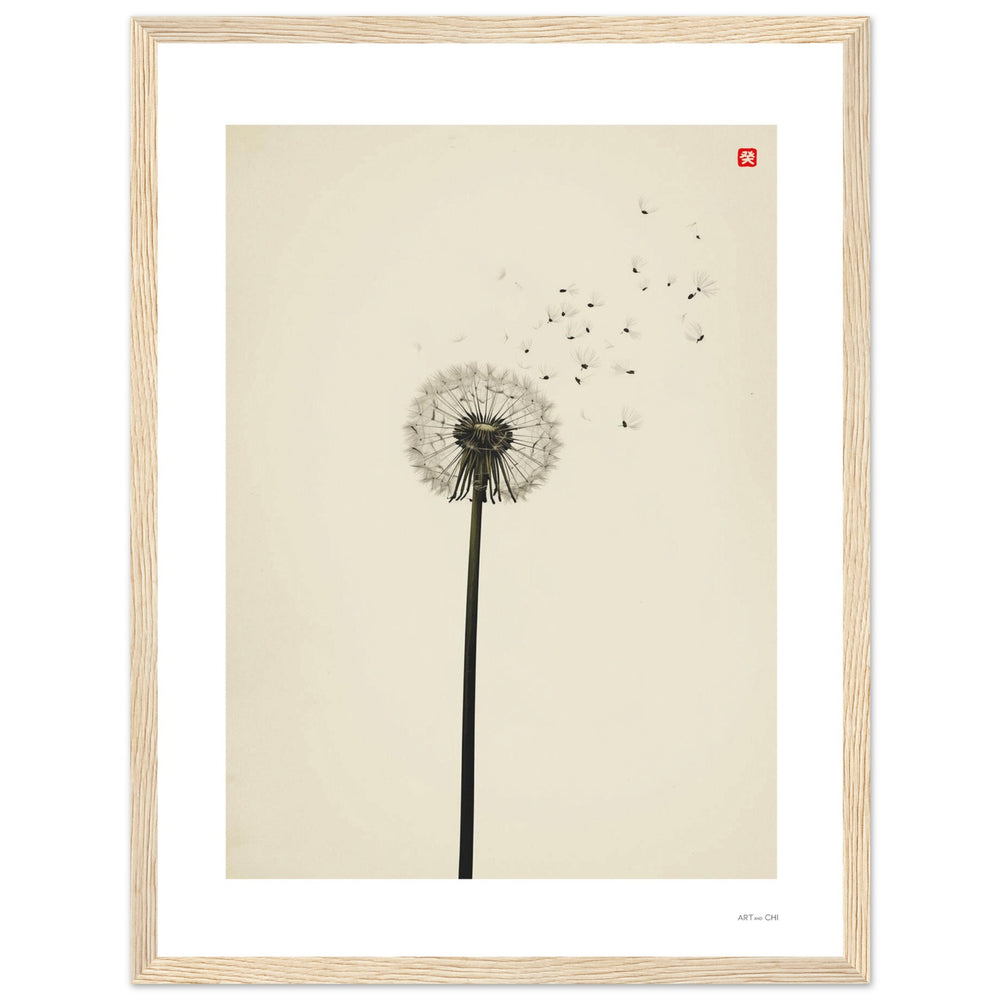 Lámina “Diente de León” enmarcada en madera de pino,  arte Sumi-e para armonizar tu casa y tu oficina.