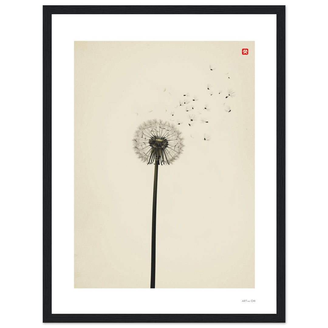Lámina “Diente de León” enmarcada en madera de pino,  arte Sumi-e para armonizar tu casa y tu oficina.