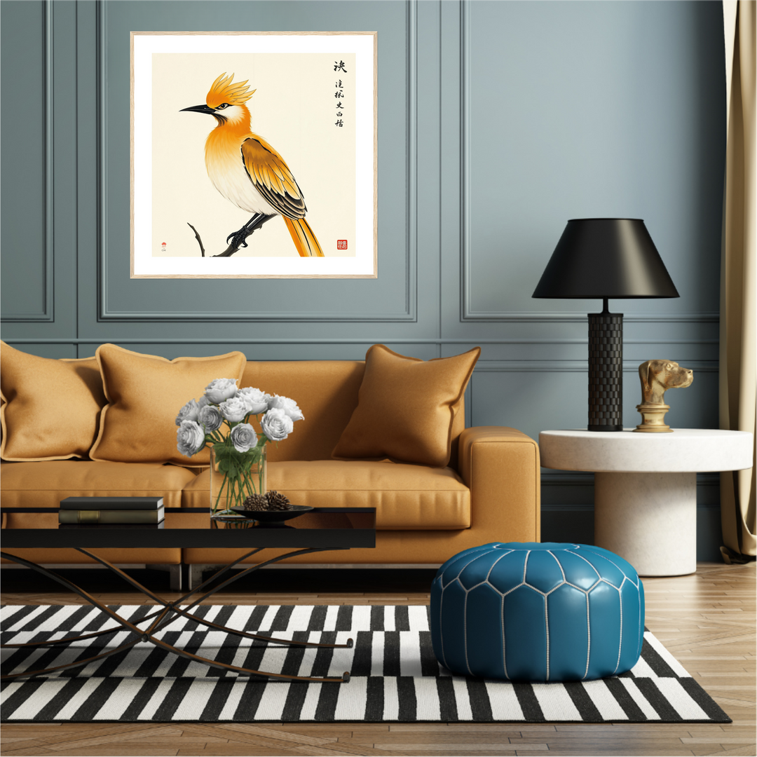 Cuadro abubilla japonesa amarilla en estilo minimalista, símbolo Feng Shui de alegría, belleza y energía positiva para decoración de interiores
