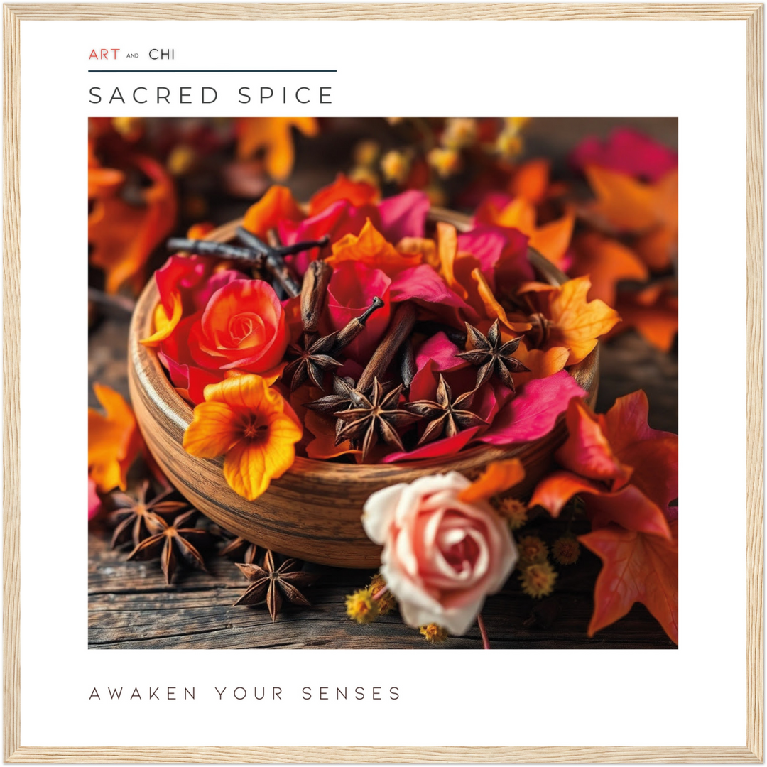 Primer plano de un cuenco rústico de madera lleno de especias de otoño, incluyendo anís estrellado, vainas de canela, pétalos y hojas secas. Colores dominantes: rojo, naranja y amarillo intenso enmarcado