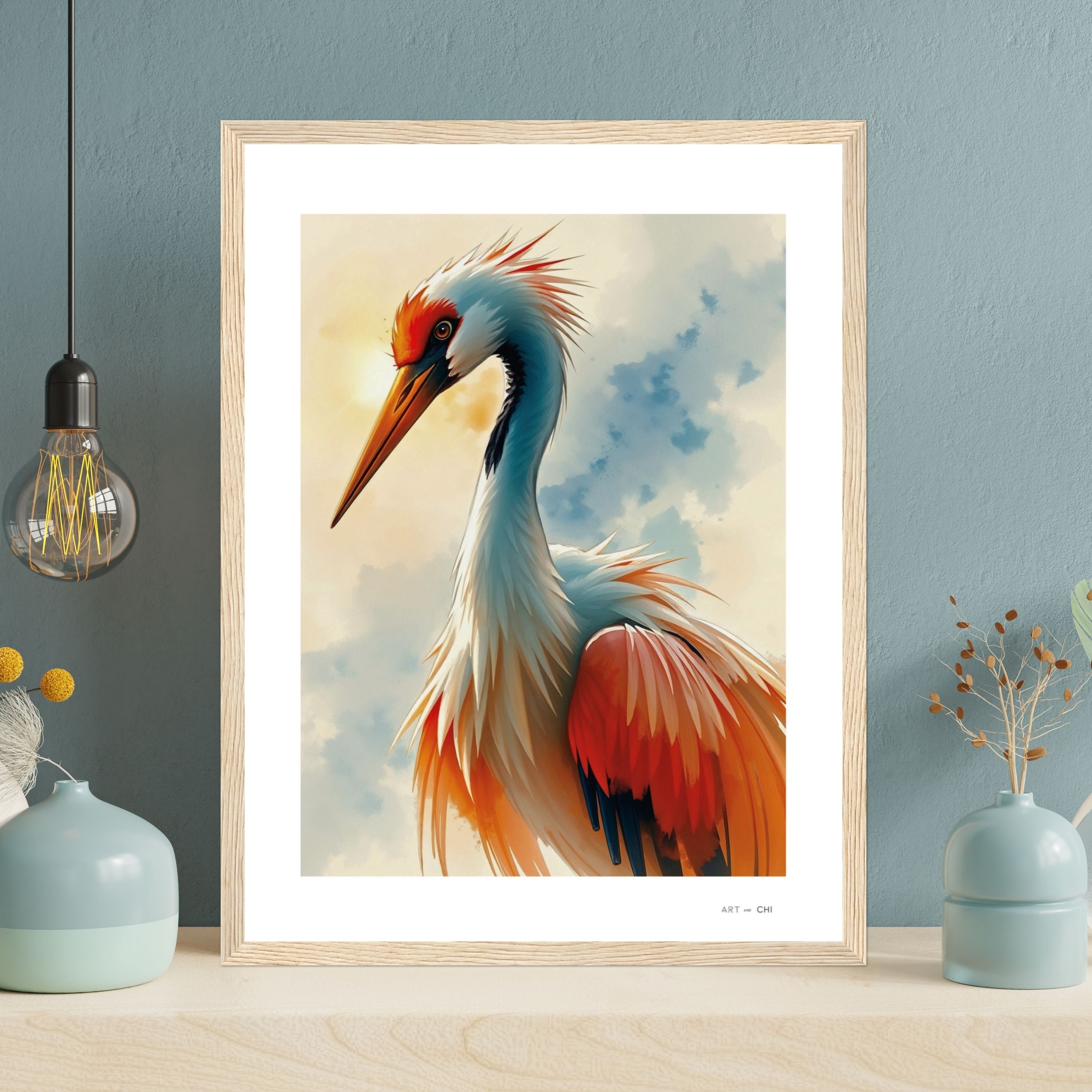 Lámina artística de una grulla japonesa con plumas rojas, naranjas y blancas bajo un cielo azul suave. Arte minimalista estilo oriental, ideal para aportar elegancia y energía positiva según el Feng Shui. Marco madera  natural Tamaño 30x40 cm