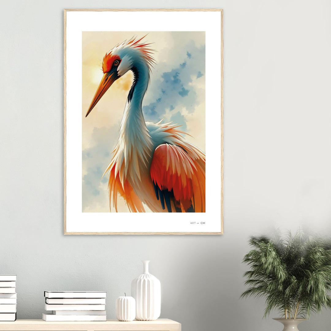 Lámina artística de una grulla japonesa con plumas rojas, naranjas y blancas bajo un cielo azul suave. Arte minimalista estilo oriental, ideal para aportar elegancia y energía positiva según el Feng Shui. Marco madera  natural Tamaño 70x100  cm