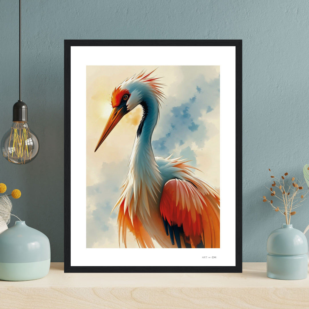 Lámina artística de una grulla japonesa con plumas rojas, naranjas y blancas bajo un cielo azul suave. Arte minimalista estilo oriental, ideal para aportar elegancia y energía positiva según el Feng Shui. Marco madera  negro Tamaño 30x40 cm 