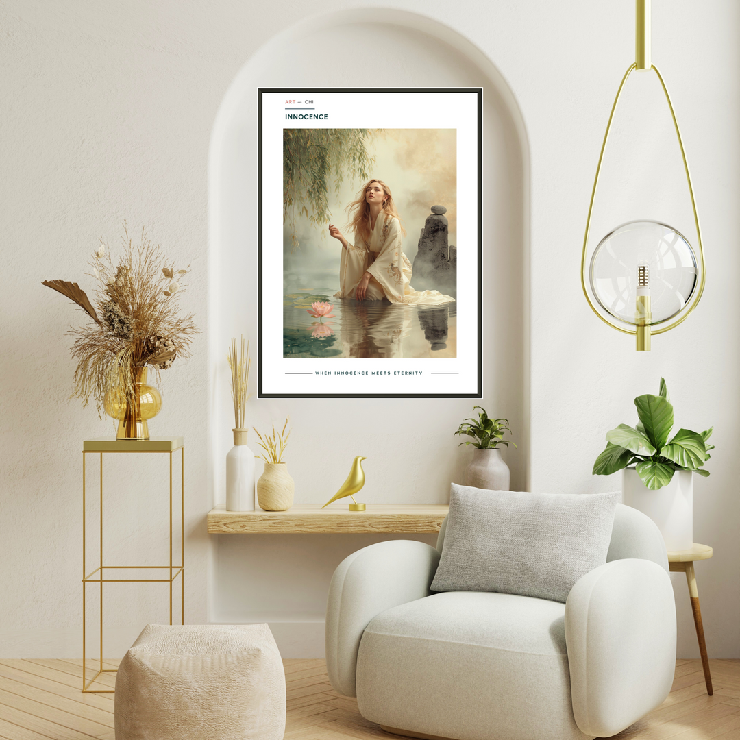 Inocence, lámina Feng Shui con mujer de aire etéreo junto a un loto rosa y piedras en equilibrio, en tonos suaves y enmarcada en negro