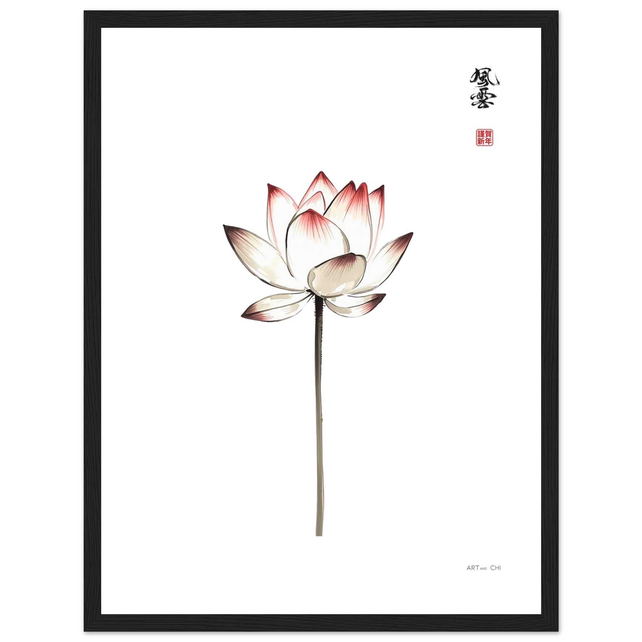 Lámina decorativa Loto minimalista ilustración vertical estilo Sumi-e de una flor de loto blanco fondo blanco diseño para decoración Zen y espacios Feng 