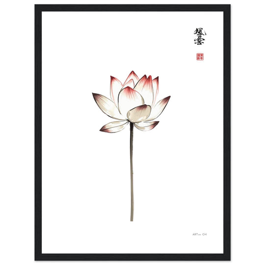 Lámina decorativa Loto minimalista ilustración vertical estilo Sumi-e de una flor de loto blanco fondo blanco diseño para decoración Zen y espacios Feng 