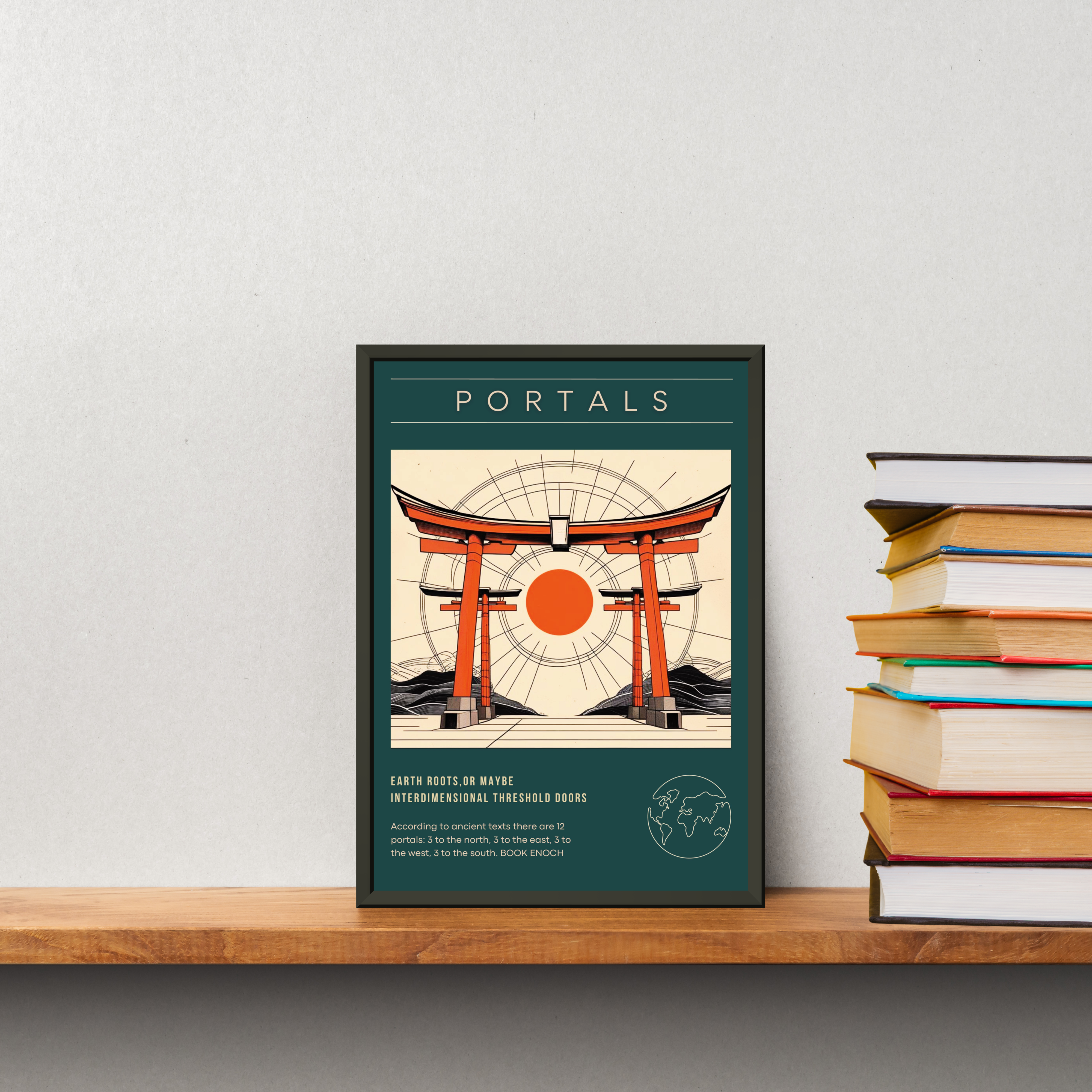 Lámina Portals con puerta Torii japonesa y sol naciente, arte minimalista oriental para decoración de pared moderna