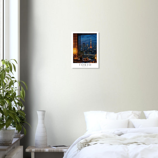 Lámina Tokio Urban Zen en dormitorio luminoso de estilo Japandi, póster vintage japonés con vista nocturna de Tokio y ambiente sereno.