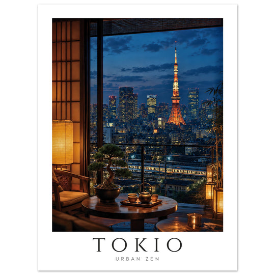Lámina Tokio Urban Zen, póster vintage japonés con vista nocturna de Tokio, Torre de Tokio iluminada y ambiente cálido de interior japonés.
