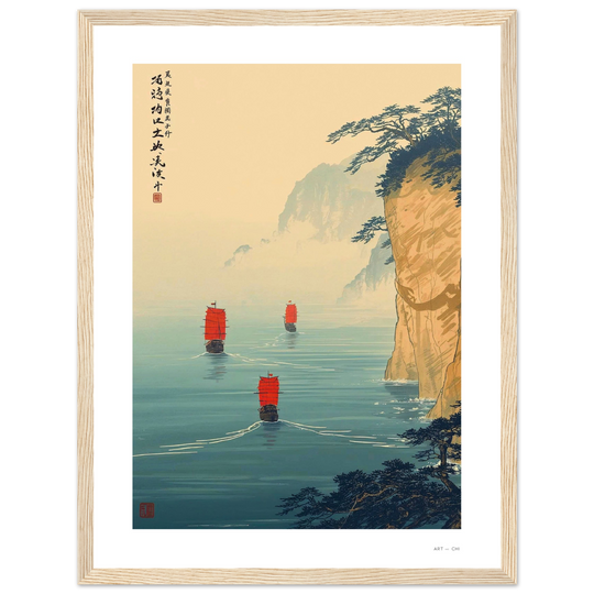 Lámina Travesía de Especias, arte japones con barcos de velas rojas navegando en mar azul, Feng Shui elemento Agua, prosperidad y movimiento  Art and Chi marco de madera negra tamaño 30x40