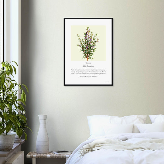 Ilustración botánica contemporánea premium de romero con flores lilas en lámina minimalista, arte mural Feng Shui para dormitorio, despacho o salón.