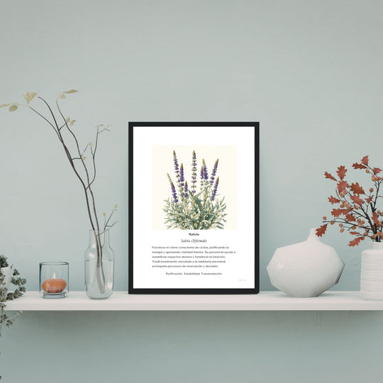 Lámina botánica de Salvia officinalis en estilo herbario contemporáneo, ilustración vertical con espigas violetas y hojas verdes, arte decorativo elegante para hogar.