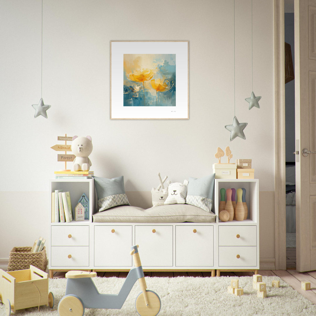 Cuadro de flores amarillas abstractas sobre fondo azul turquesa, arte contemporáneo luminoso para habitación de niños y adolescentes