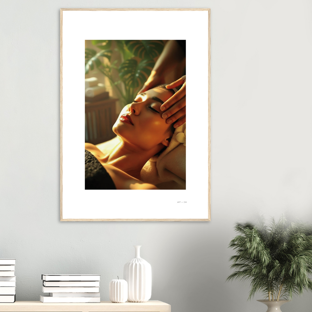 Lámina grande para spa 70x100, Manos que Sanan, masaje facial de lujo, marco pino natural, ambiente zen