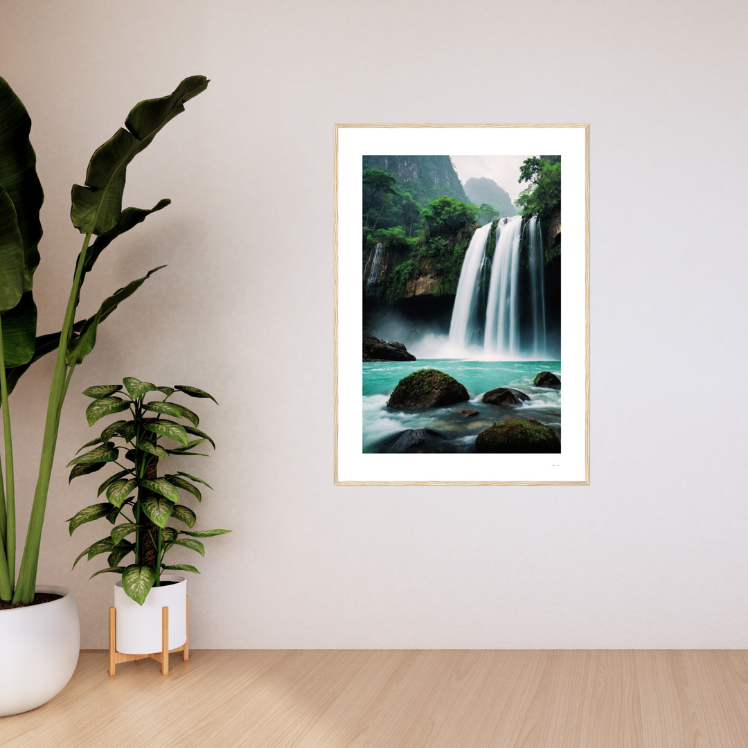 Lámina de arte  origina para regalo Feng Shui con cascada de agua turquesa en bosque tropical, símbolo del elemento Agua y la abundancia, enmarcada 