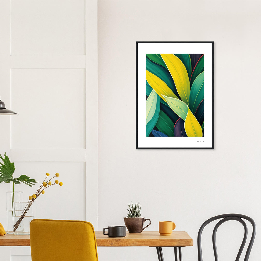 lamina decorativa feng shui hojas verdes tropicales de palmera en un estilo minimalista y contemporáneo marco de madera negro 50x70 cm