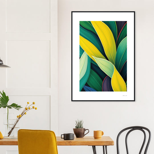 lamina decorativa feng shui hojas verdes tropicales de palmera en un estilo minimalista y contemporáneo marco de madera natural 70x100 cm