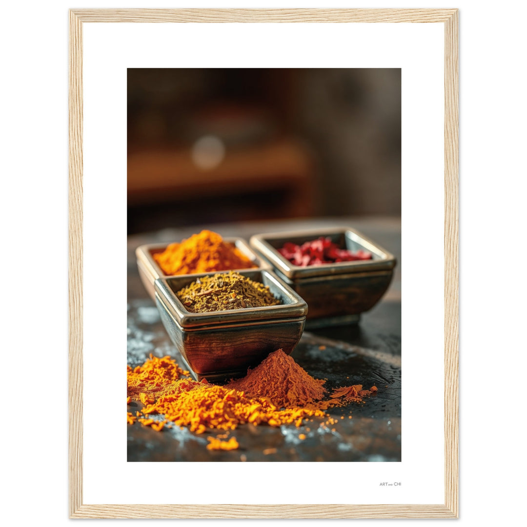 Arte de pared con especias y cerámica; paleta tierra, sensación acogedora. Lamina feng shui 