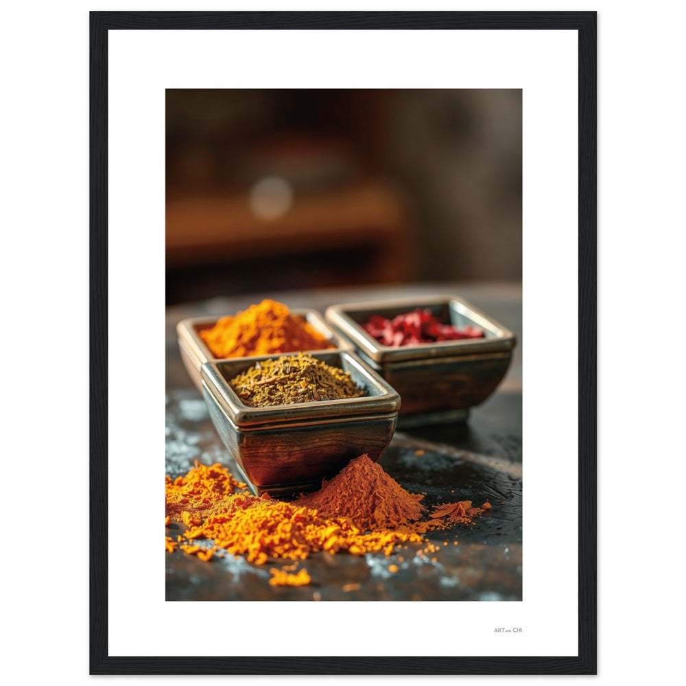 Arte de pared con especias y cerámica; paleta tierra, sensación acogedora. Lamina feng shui 